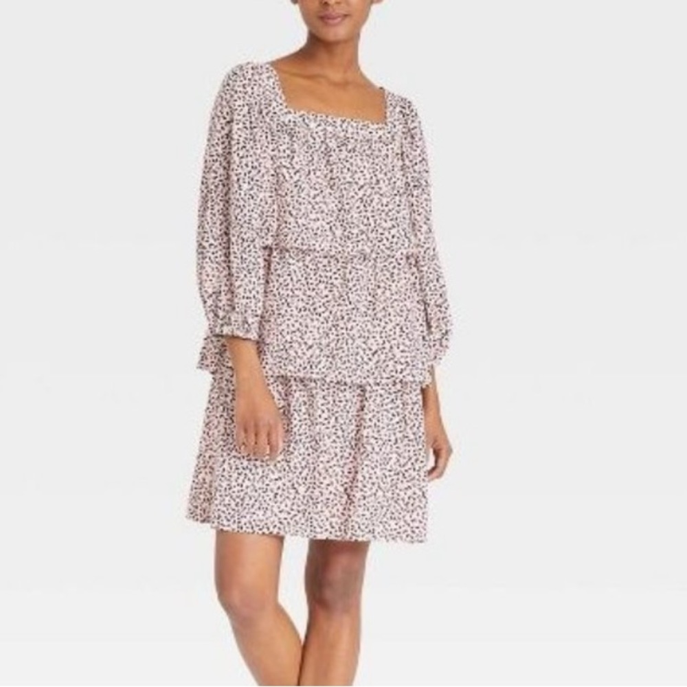 D12- NWT Who What Wear Bishop Pink Black Leaves Ruffles Dress Size Small